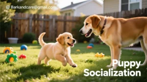 A young puppy interacting with people and other dogs while exploring new sights, sounds, and environments during socialization."