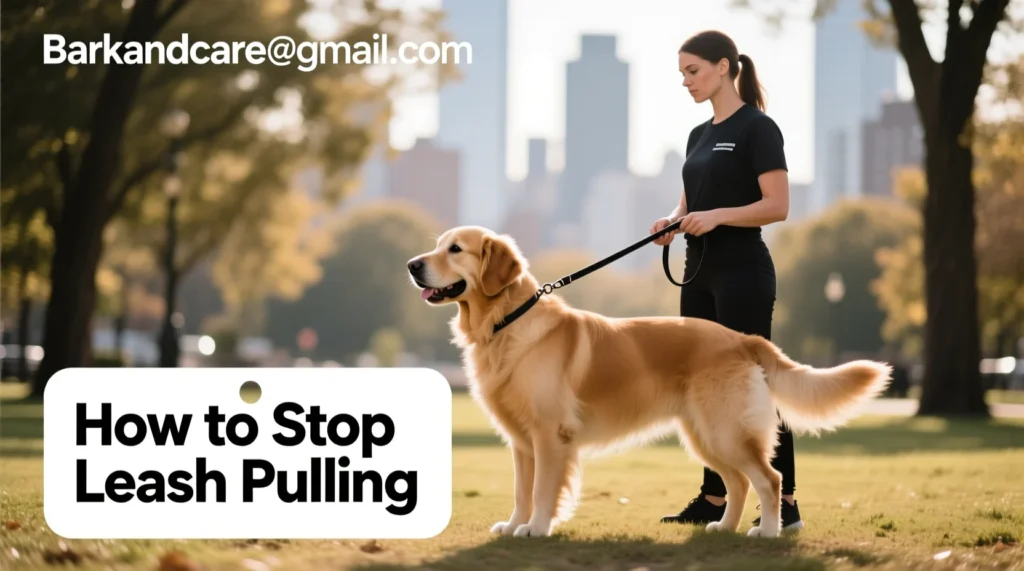 “A dog walking calmly beside its owner on a loose leash during training to stop leash pulling.”