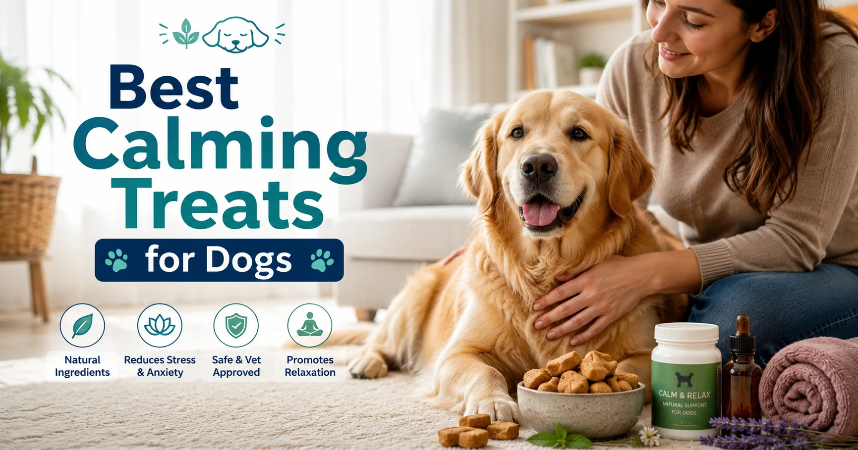 Calm dog relaxing beside the best calming treats for dogs in a cozy home setting