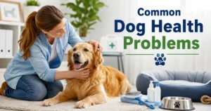 Dog owner caring for a dog during a health check for common dog health problems