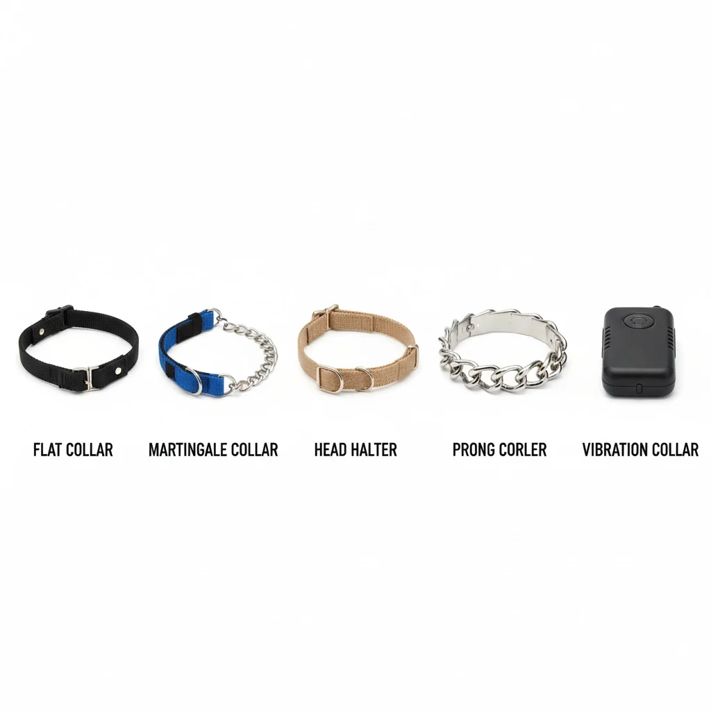 Different types of dog training collars displayed neatly for comparison.