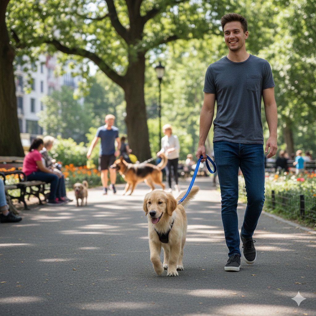 Trained puppy demonstrating advanced leash manners in a public park.