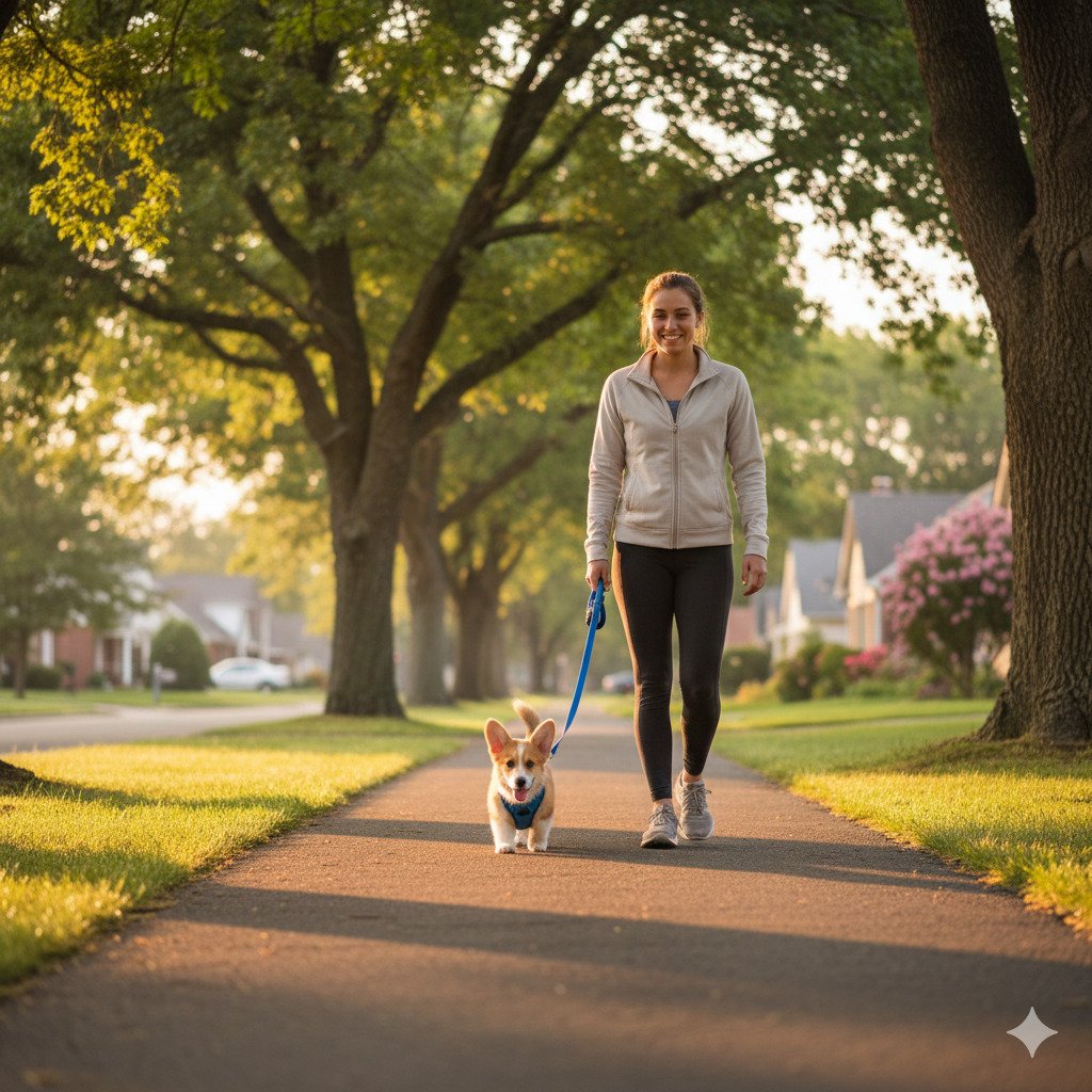 Corgi puppy learning to walk politely on a leash outdoors.