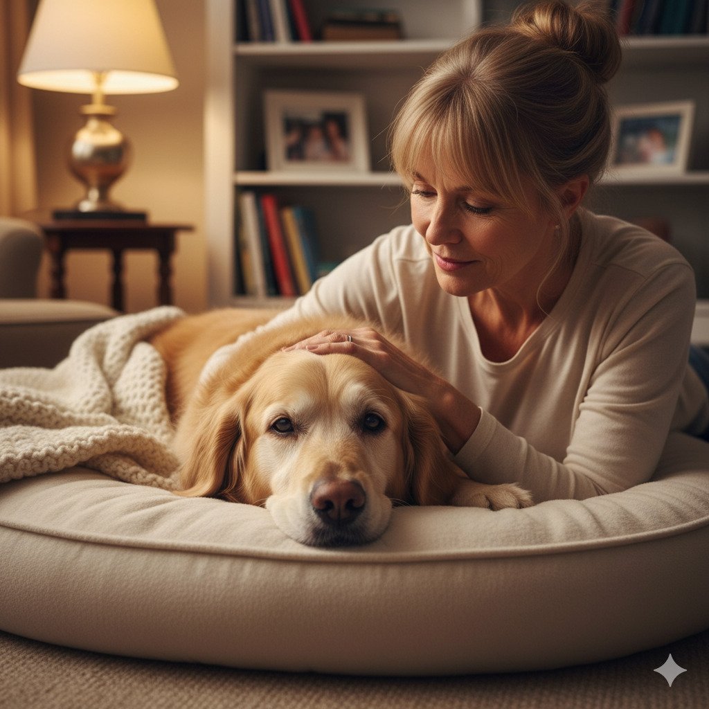 Senior dog receiving care for chronic health condition.