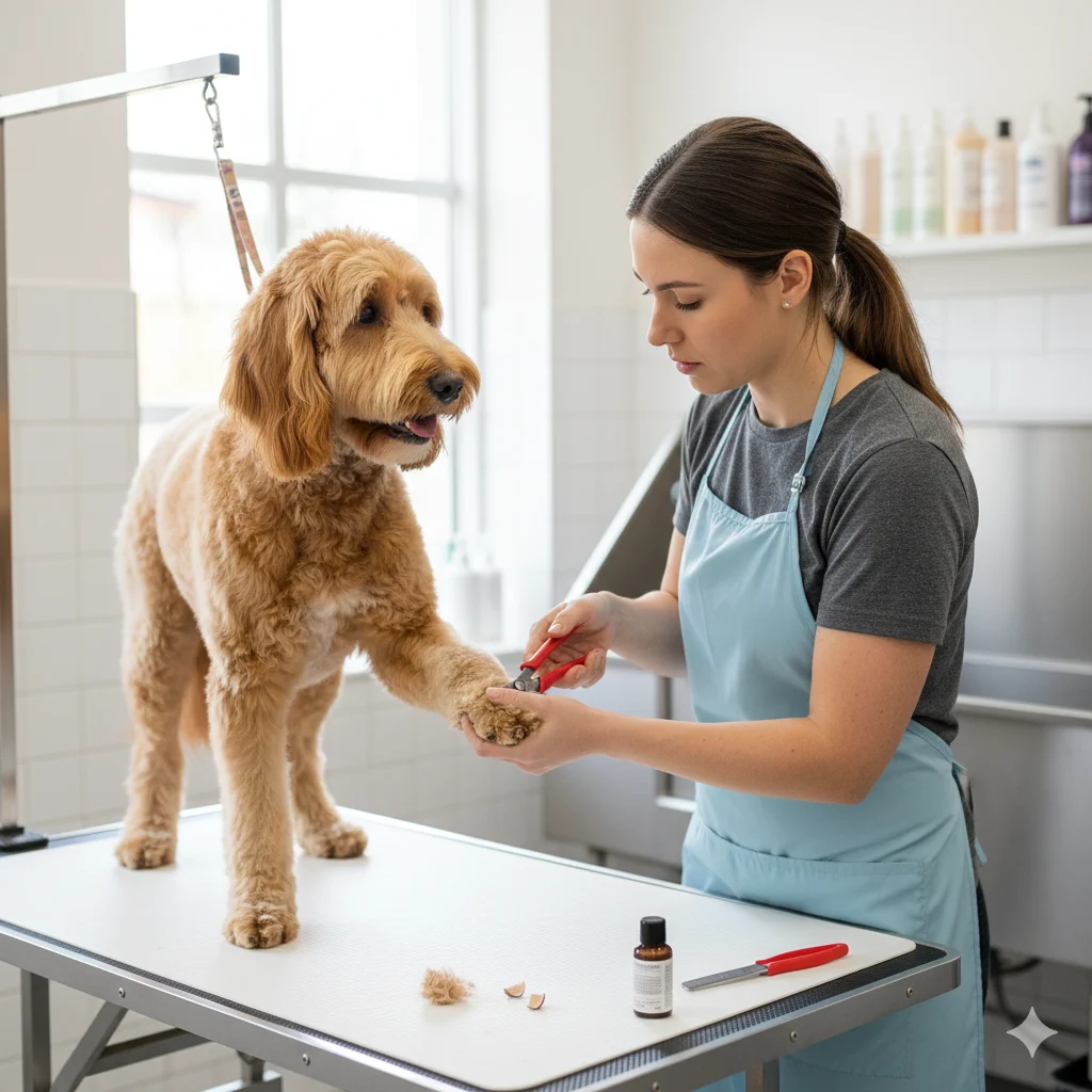 Owner grooming dog at home following dog grooming steps.