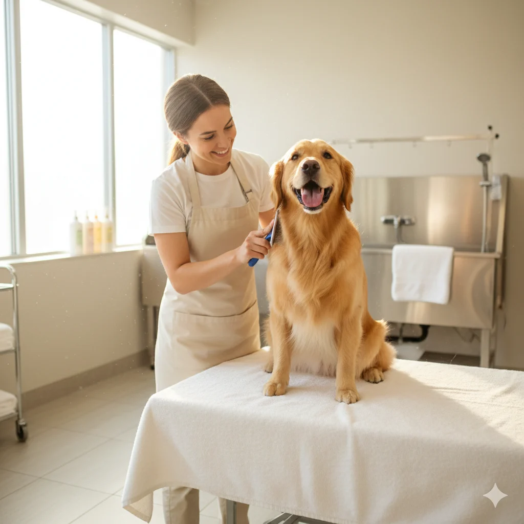 Owner brushing their dog’s coat during regular dog grooming session.