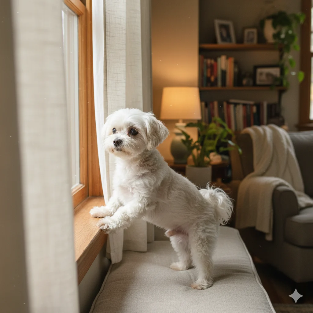 Dog barking at window while owner observes — understanding dog barking causes.