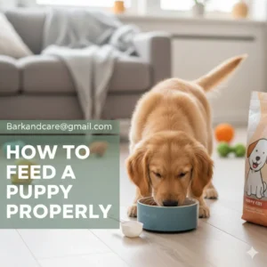 A puppy eating from a food bowl, with a healthy, balanced meal of dry puppy food and water beside it. A person is gently placing food in the bowl, ensuring the puppy is fed properly and with care.