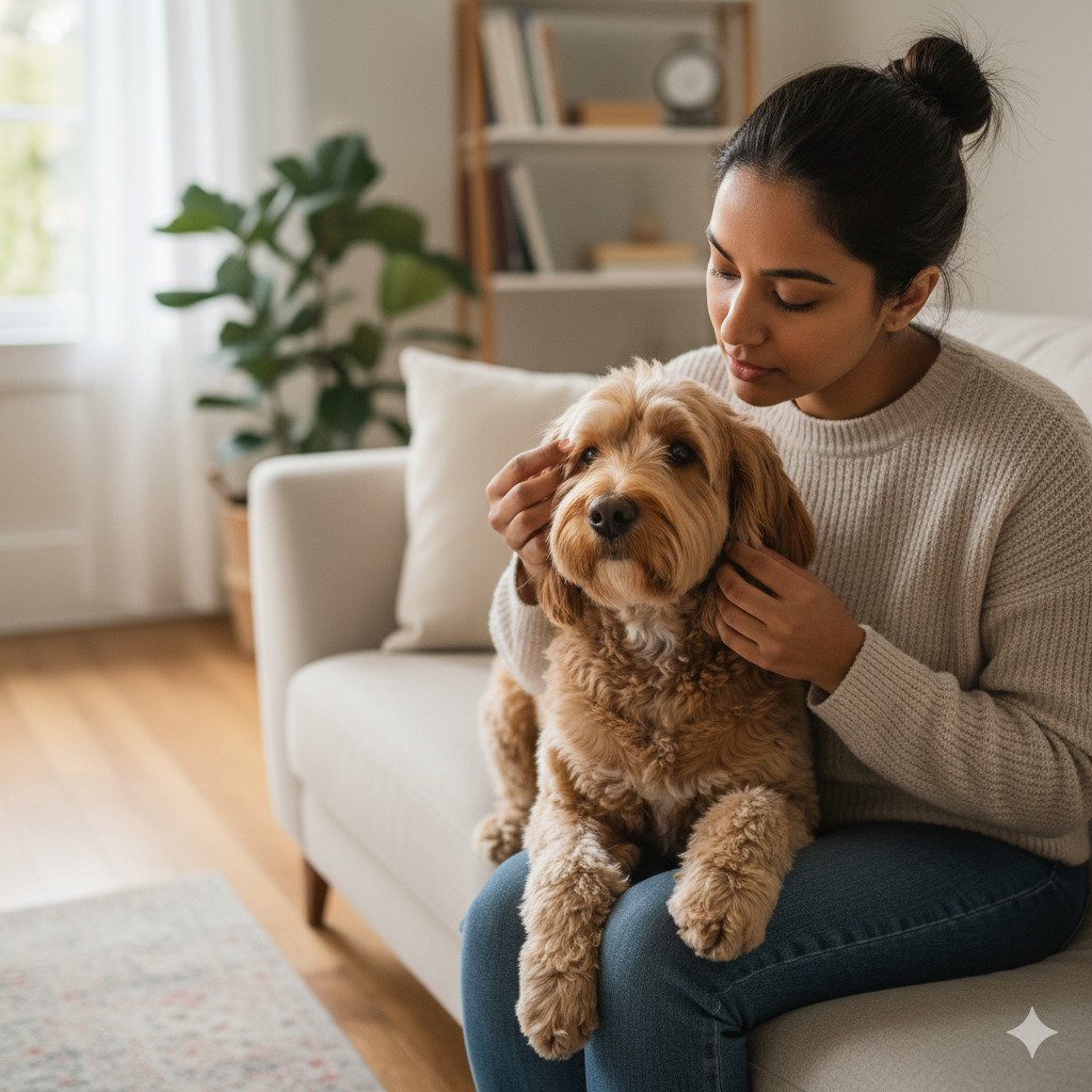  Owner checking dog for early signs of health problems.