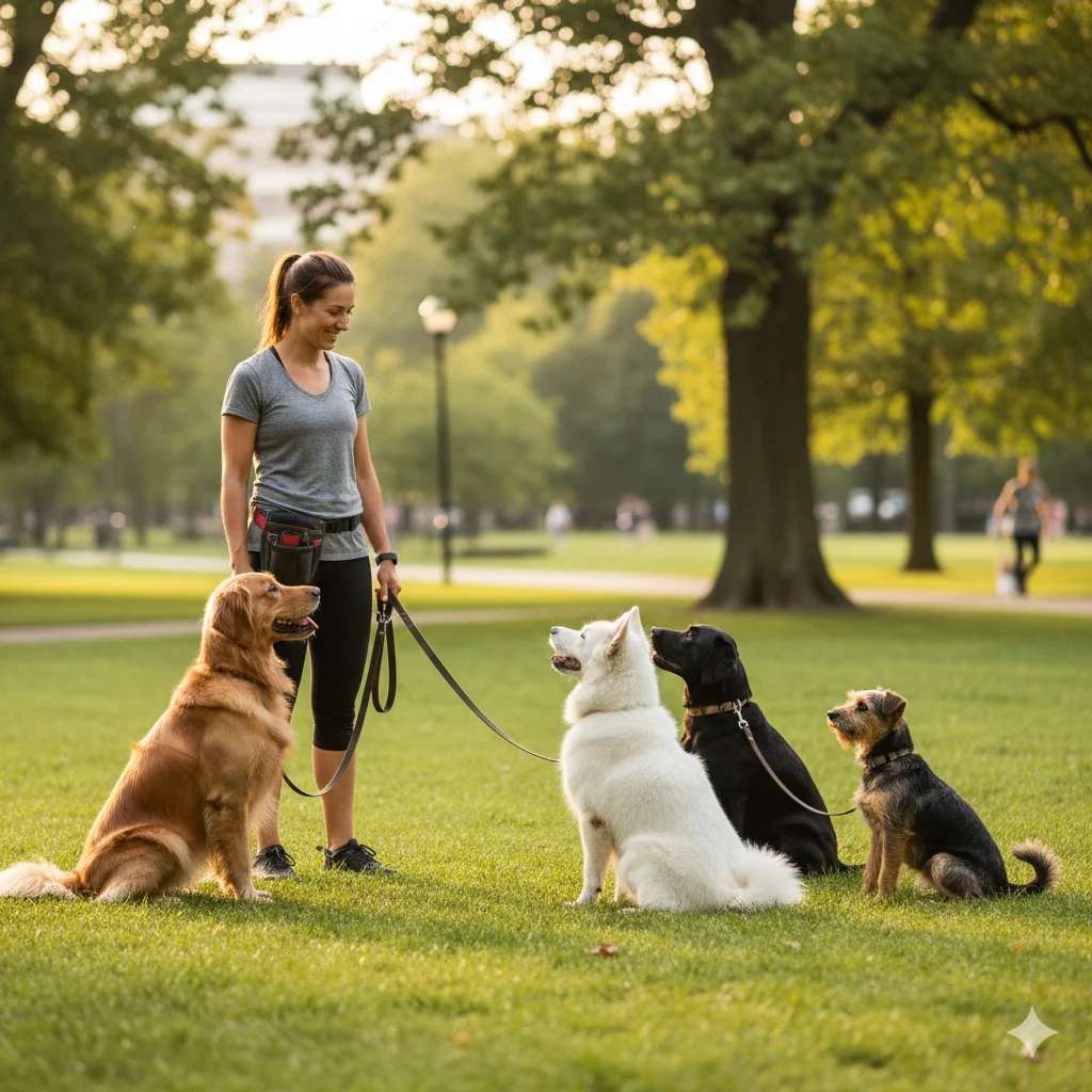  Professional dog trainer giving leash training near me in a local park.