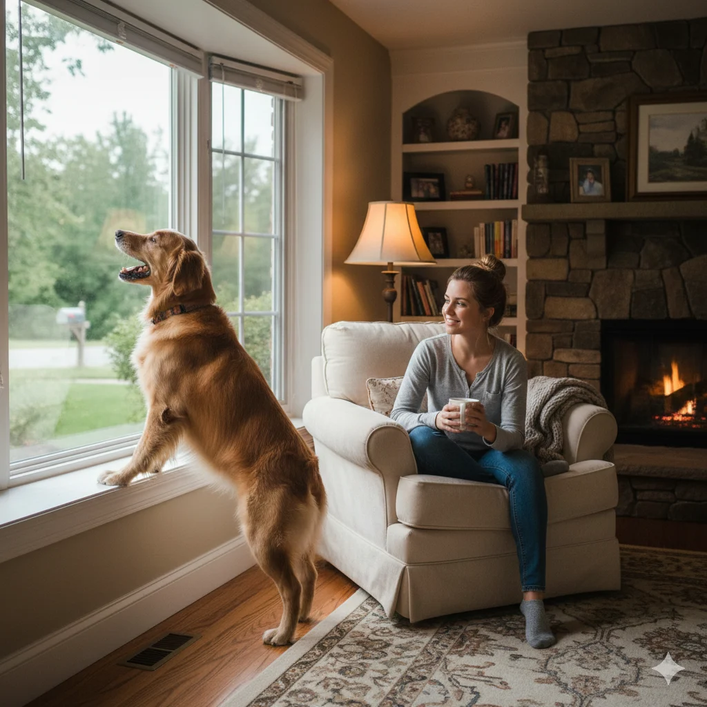 Dog barking at window while owner observes — understanding dog barking causes.