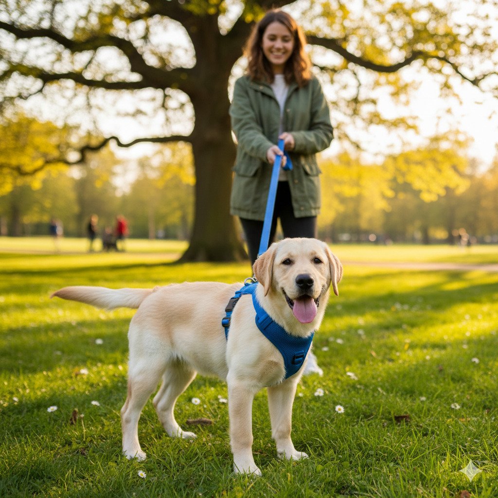  Labrador puppy starting leash training with its owner outdoors