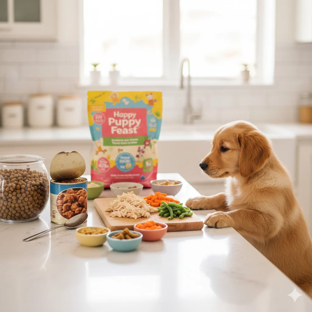 Different types of food options showing how to feed a puppy properly.