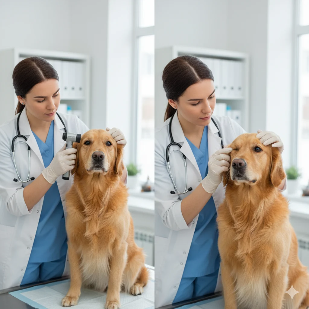 Veterinarian examining dog for common health problems.