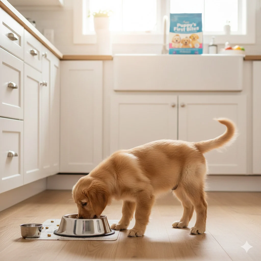 Puppy eating healthy food while owner learns how to feed a puppy properly.