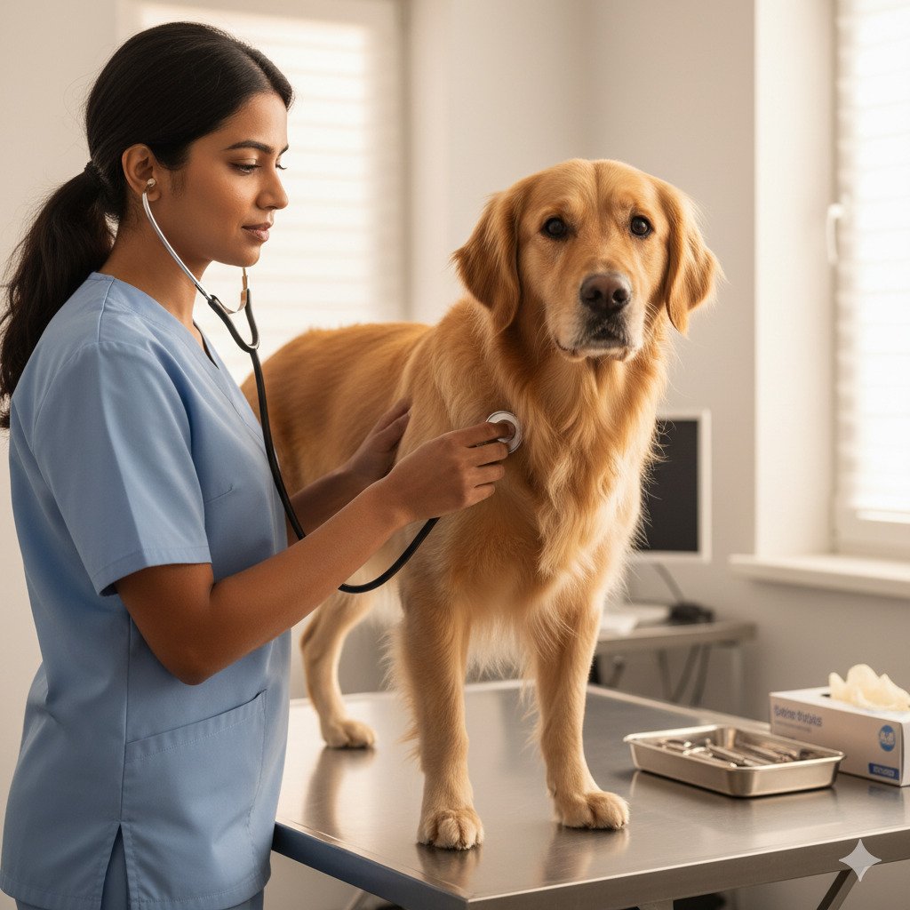  Veterinarian checking dog for common health issues.
