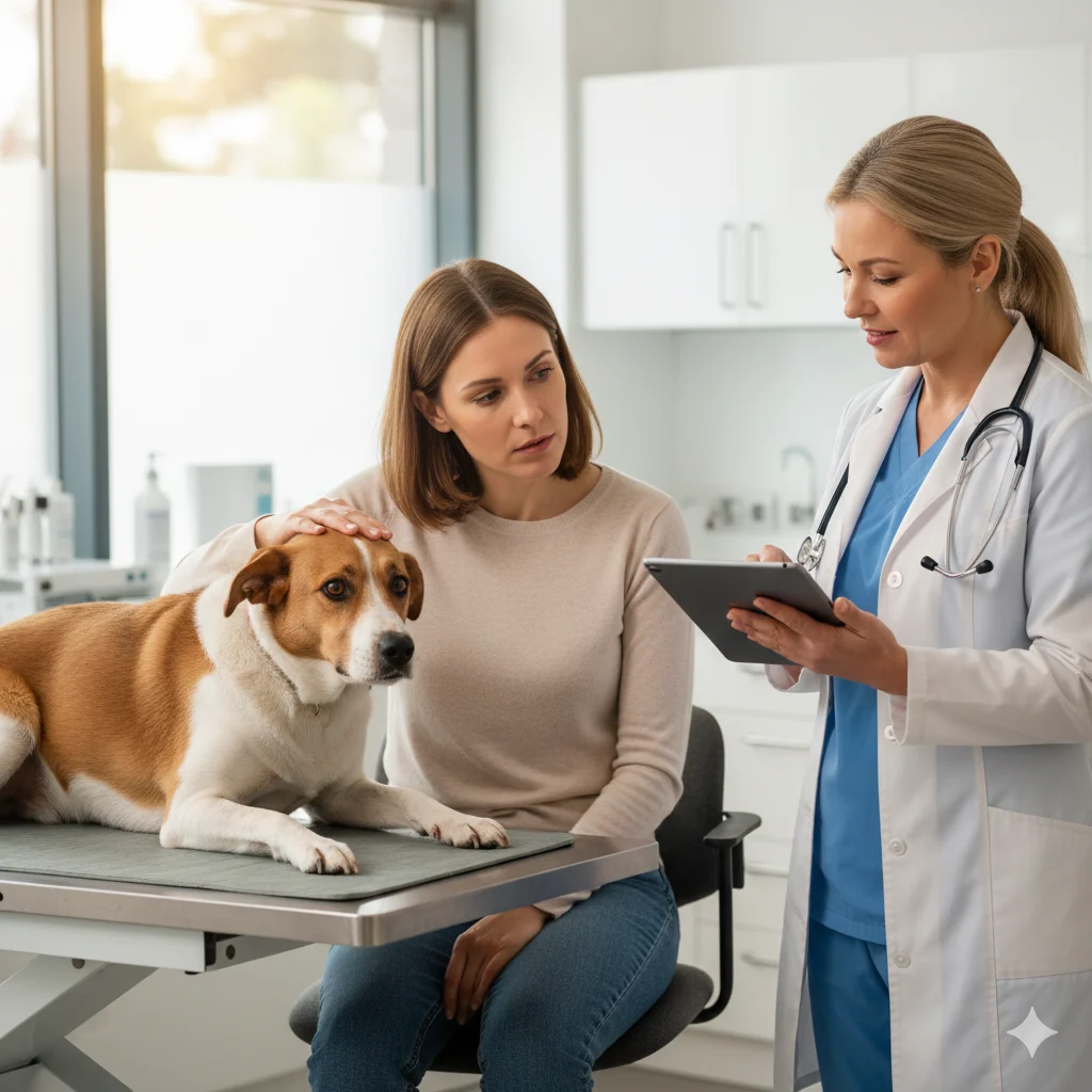 Dog owner consulting vet about common health problems.
