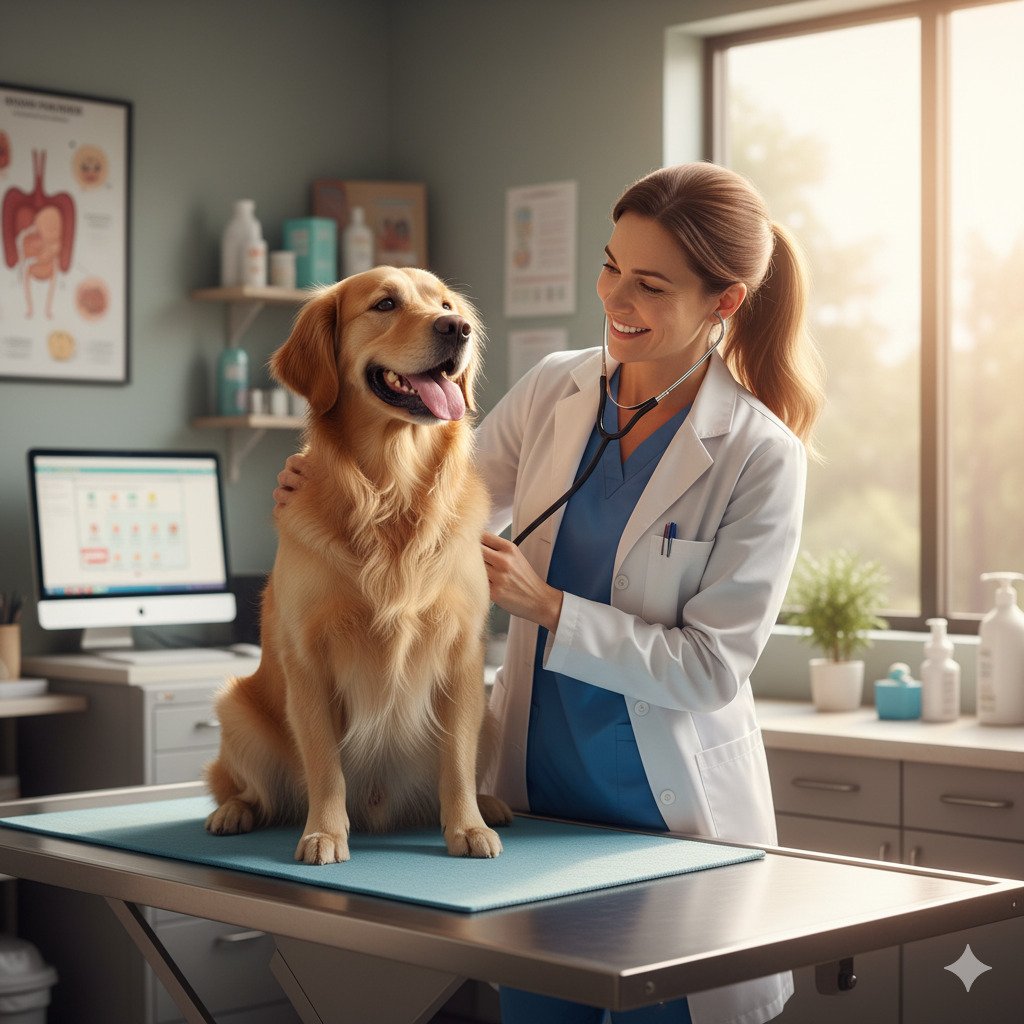 Dog at vet receiving routine health check as part of dog health care tips.