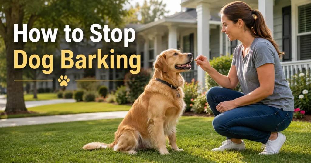 Dog owner training a calm dog to stop barking using positive reinforcement