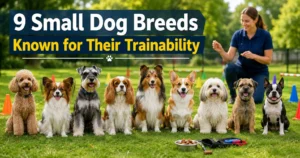 9 small dog breeds known for their trainability sitting together during an outdoor training session