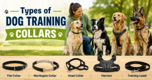 Different types of dog training collars displayed with calm dogs during training