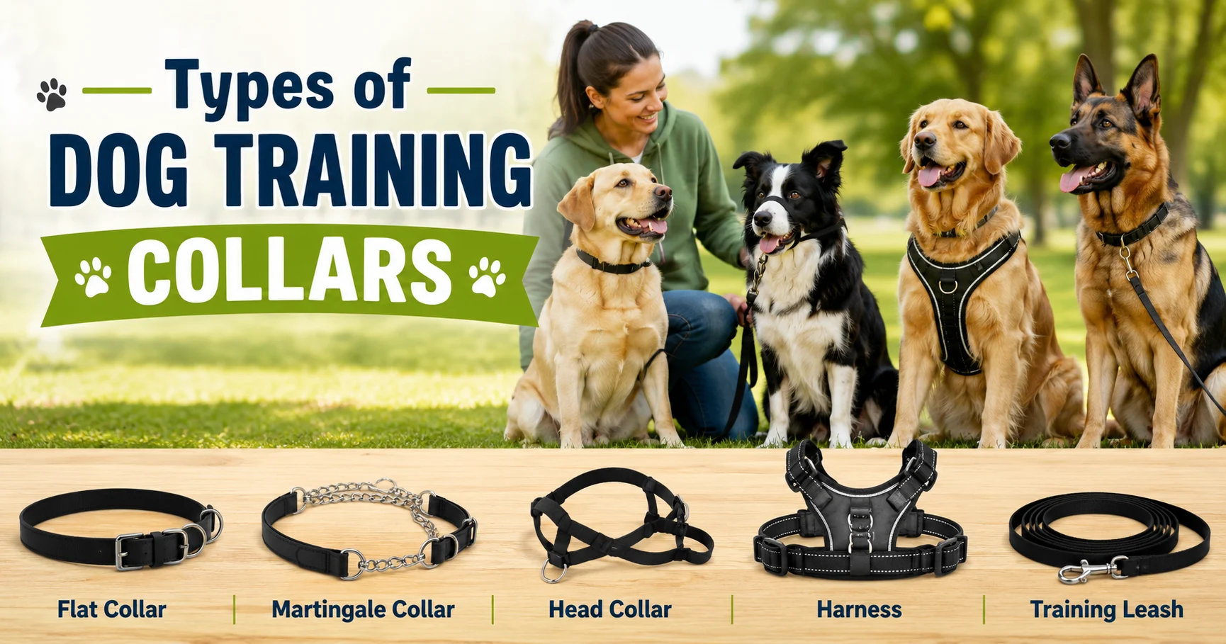 Different types of dog training collars displayed with calm dogs during training