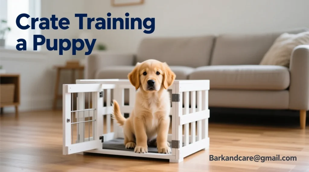 A small puppy sitting comfortably inside a crate with soft bedding, the crate door open, and the puppy looking calm and secure.â