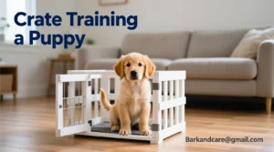 A small puppy sitting comfortably inside a crate with soft bedding, the crate door open, and the puppy looking calm and secure.”