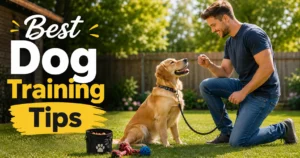 Dog owner using best dog training tips with a calm obedient dog outdoors