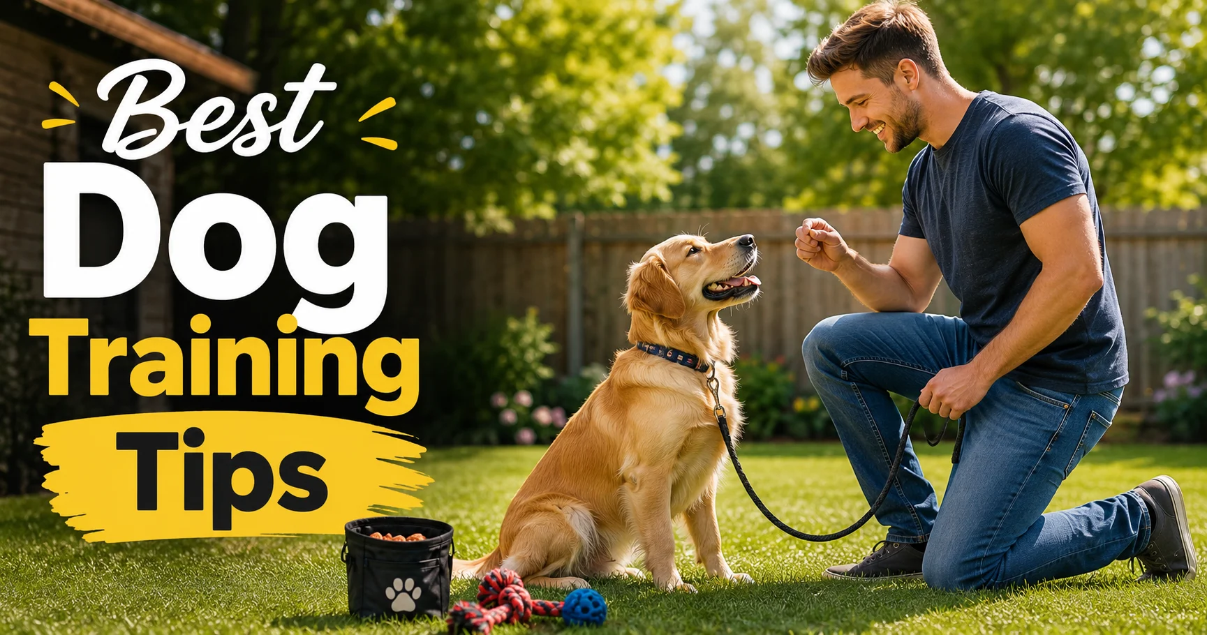 Dog owner using best dog training tips with a calm obedient dog outdoors
