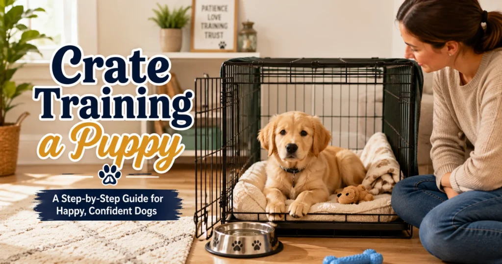 Golden retriever puppy relaxing during crate training in a cozy home