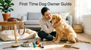 First time dog owner sitting with a puppy and dog supplies