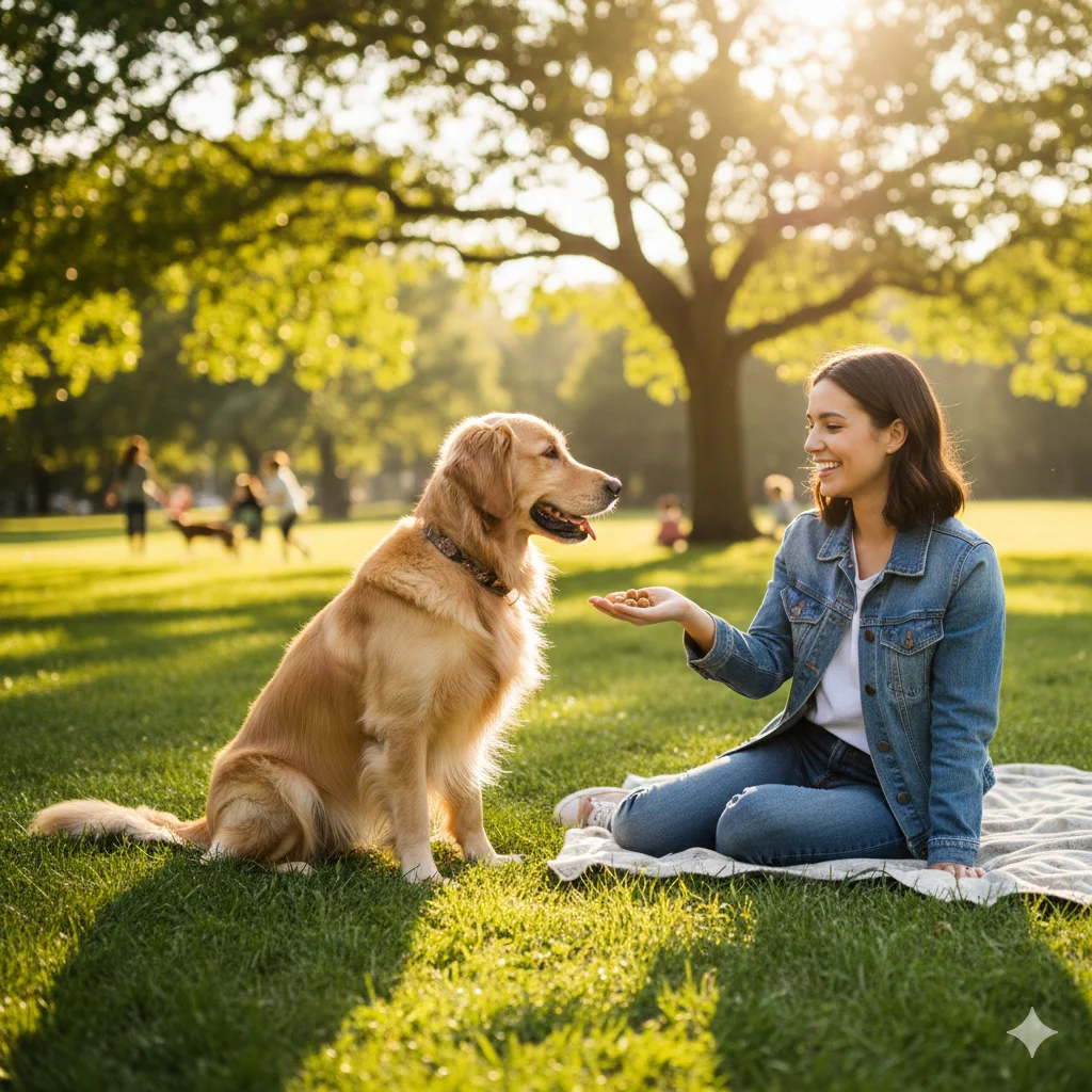  Owner training a dog with positive reinforcement outdoors.