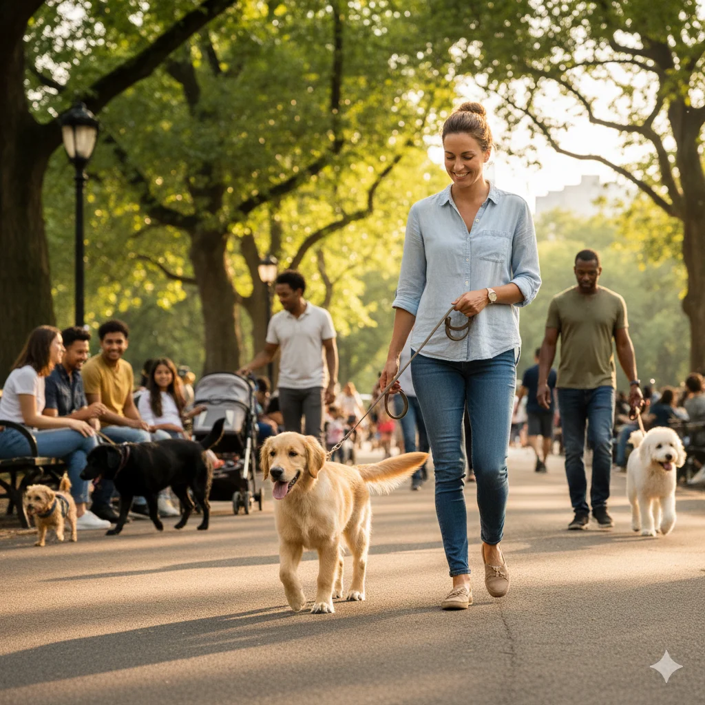 Trained puppy demonstrating advanced leash manners in a public park.