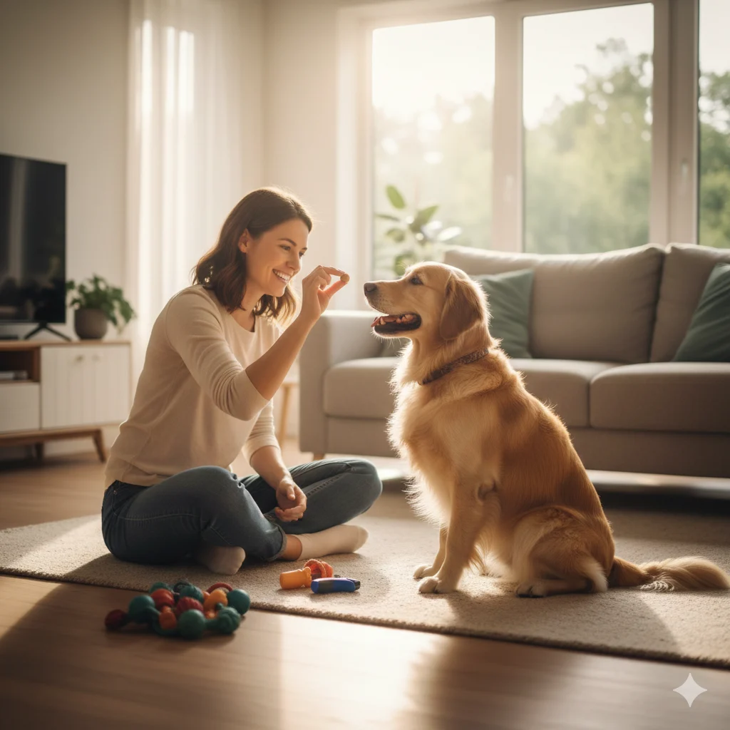 Positive reinforcement in dog obedience training with treats and praise.