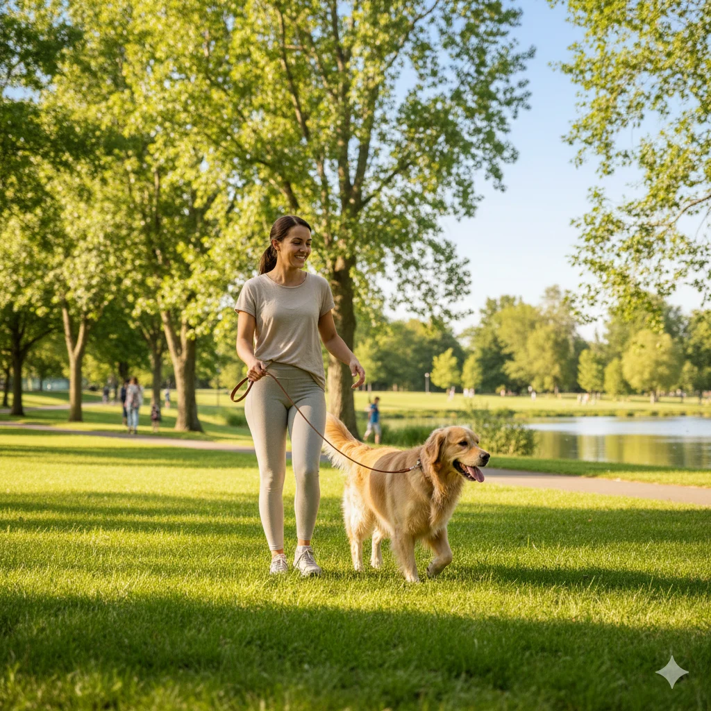 
 Dog leash training basics — owner walking dog calmly on leash outdoors.