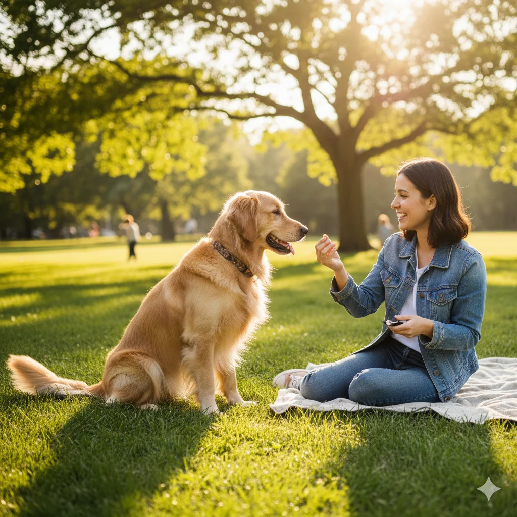 Positive reinforcement in dog training using treats and praise.
