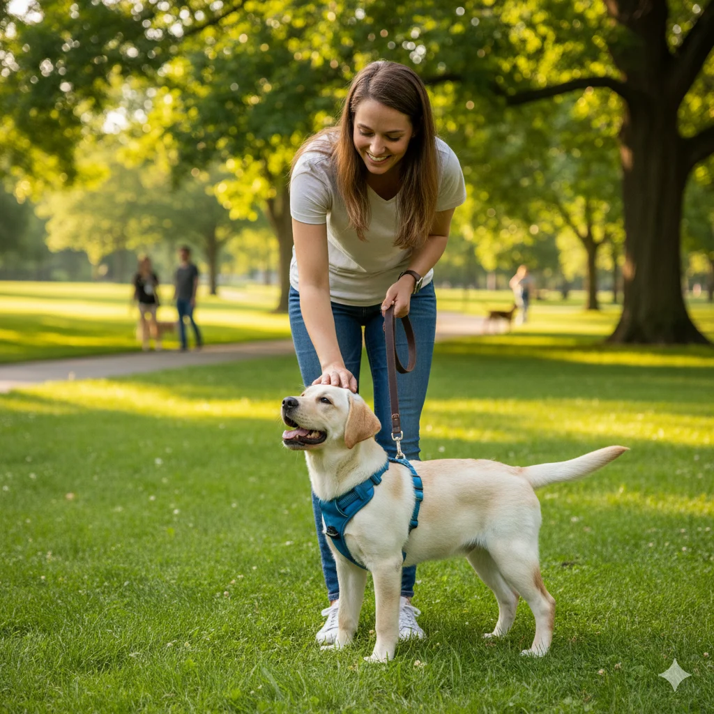 Labrador puppy starting leash training with its owner outdoors.