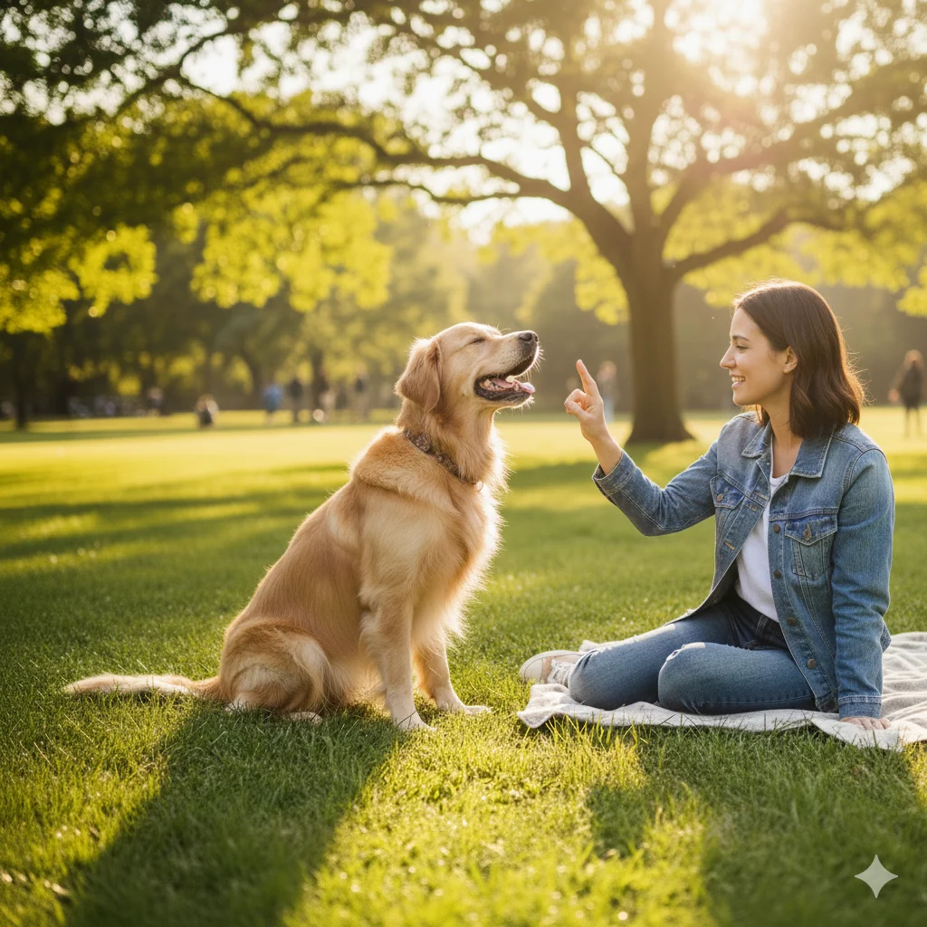  Owner teaching dog obedience commands with positive reinforcement.