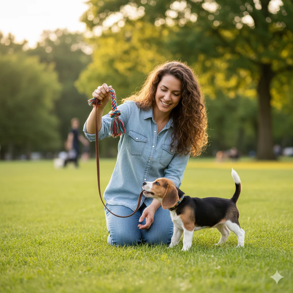  Owner redirecting beagle puppy’s leash biting behavior during training.