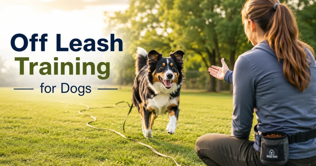 Dog practicing off leash training with owner in a park