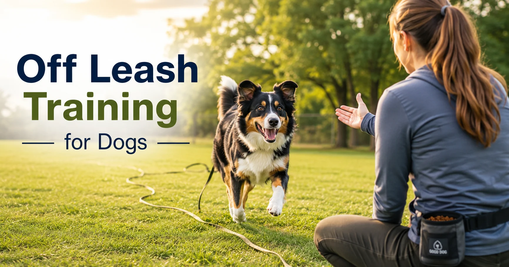 Dog practicing off leash training with owner in a park