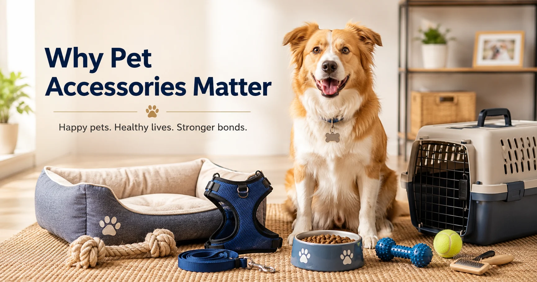 Dog with essential pet accessories including leash, harness, toys, and grooming supplies