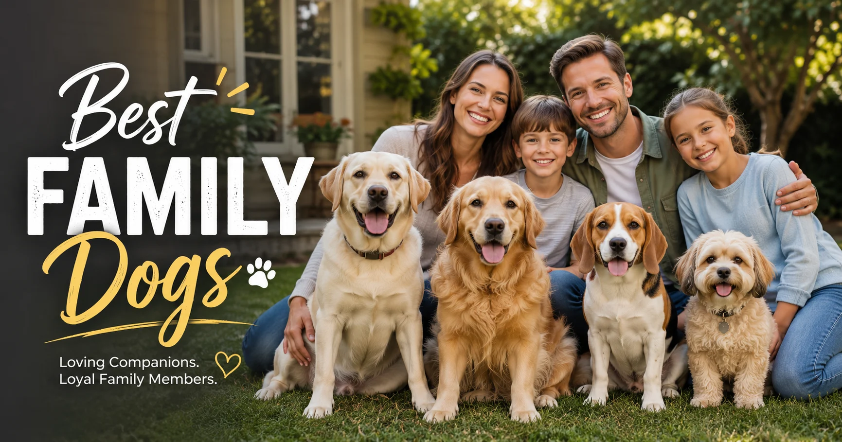 Best family dogs sitting with a happy family outdoors