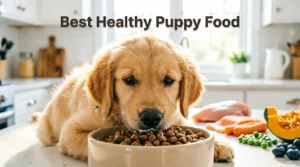 Healthy puppy eating the best healthy puppy food from a premium dog bowl