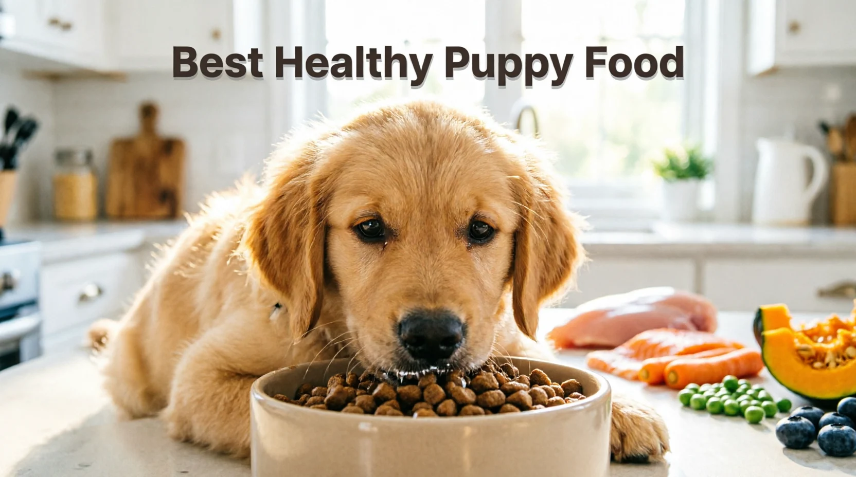 Healthy puppy eating the best healthy puppy food from a premium dog bowl