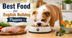 English Bulldog puppy eating healthy food from bowl with natural ingredients in background, pet nutrition concept