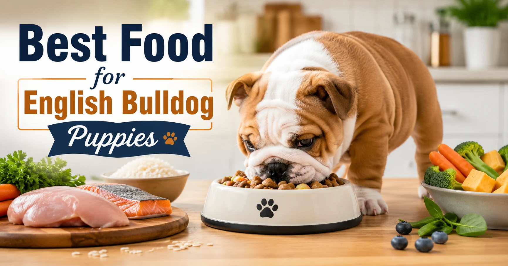 English Bulldog puppy eating healthy food from bowl with natural ingredients in background, pet nutrition concept