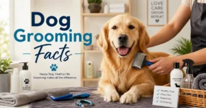 Dog grooming facts showing a dog being brushed with grooming supplies nearby