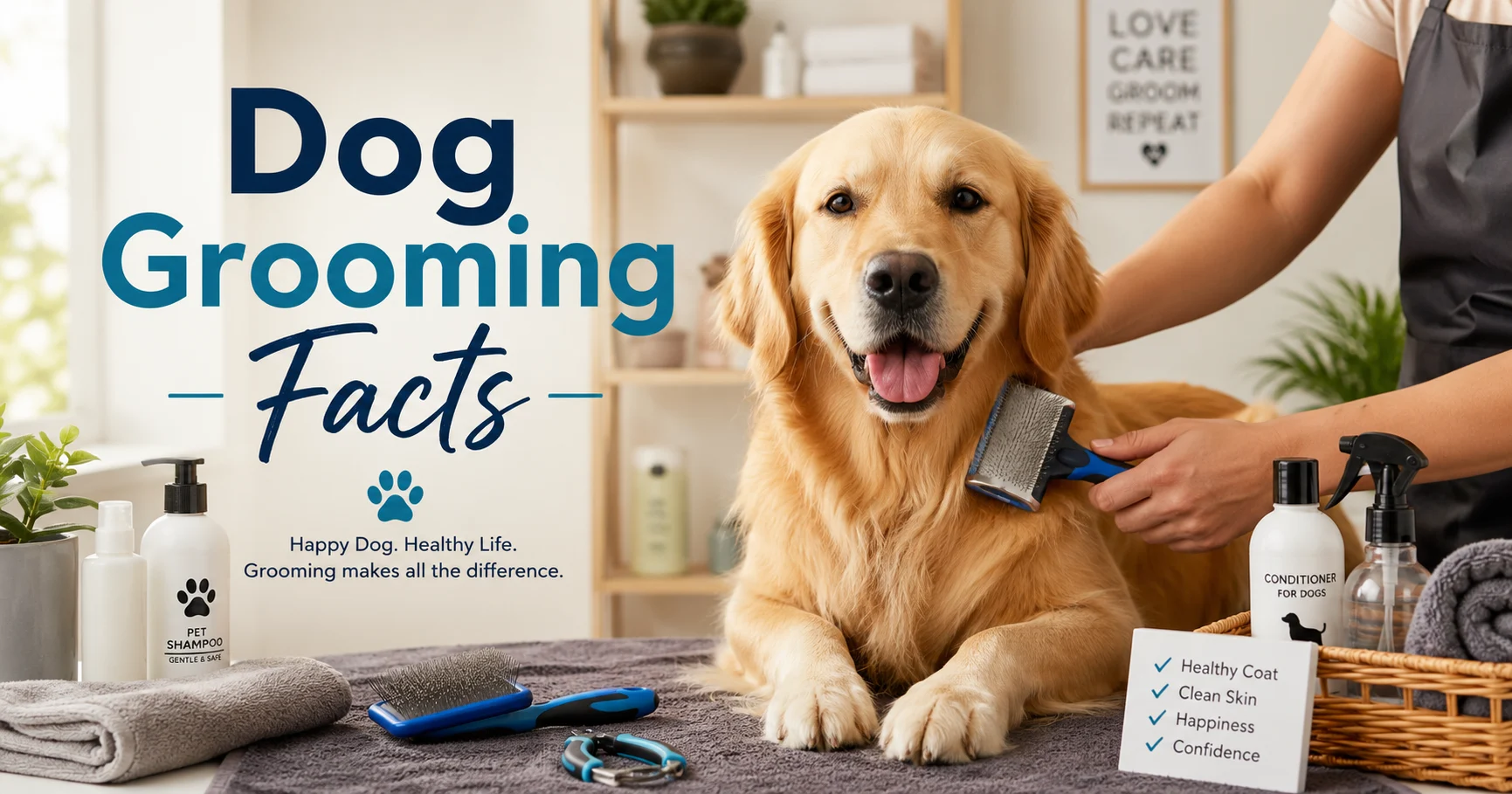 Dog grooming facts showing a dog being brushed with grooming supplies nearby